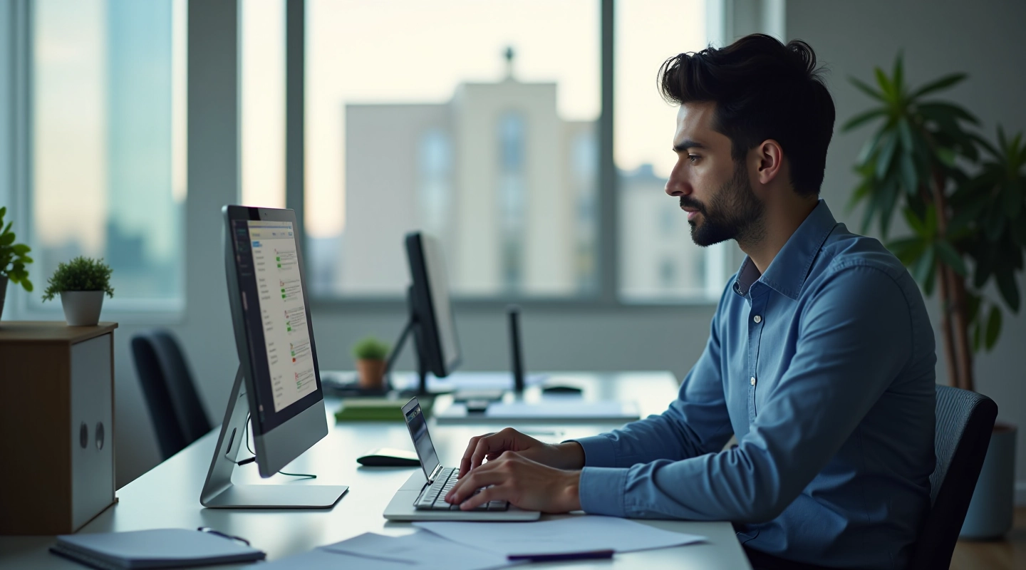 Profissional em escritório moderno verificando backup de dados num ecrã de computador, ambiente de trabalho limpo com documentação