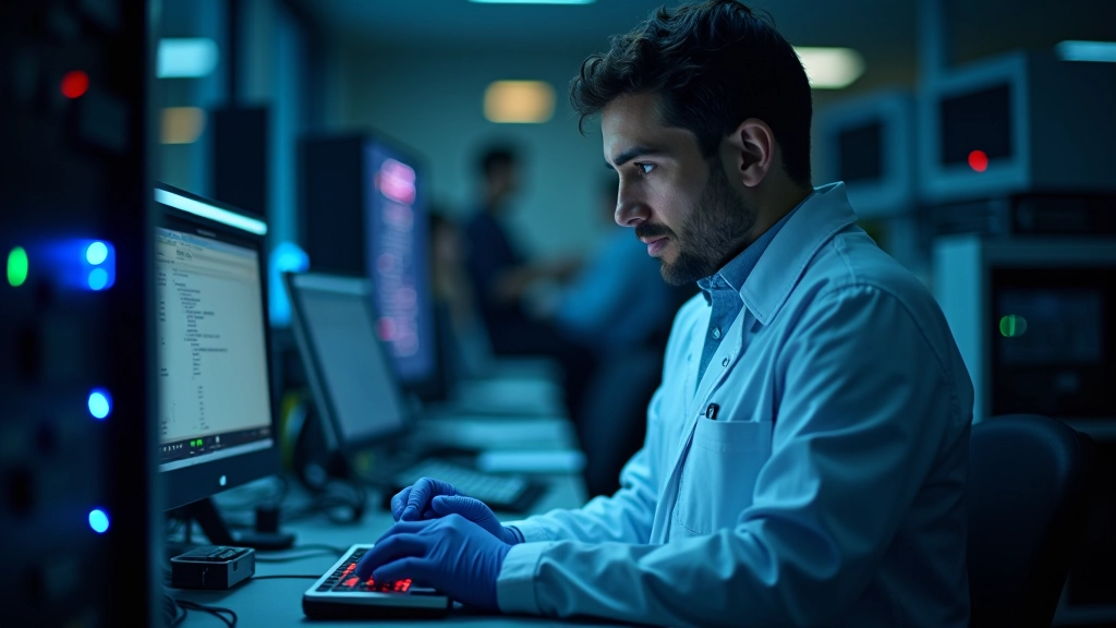 Técnico a trabalhar com ferramentas de recuperação de dados, servidor com luzes indicadoras, ambiente de laboratório profissional